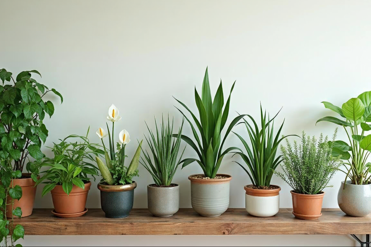 Best houseplants for beginners lined up on a shelf