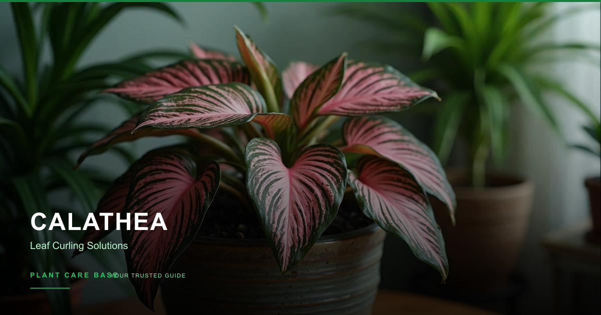 Calathea ornata plant with curling leaves showing stress in a decorative pot