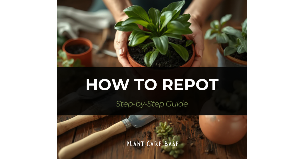 A houseplant being carefully repotted into a larger terra cotta pot with fresh soil and gardening tools nearby