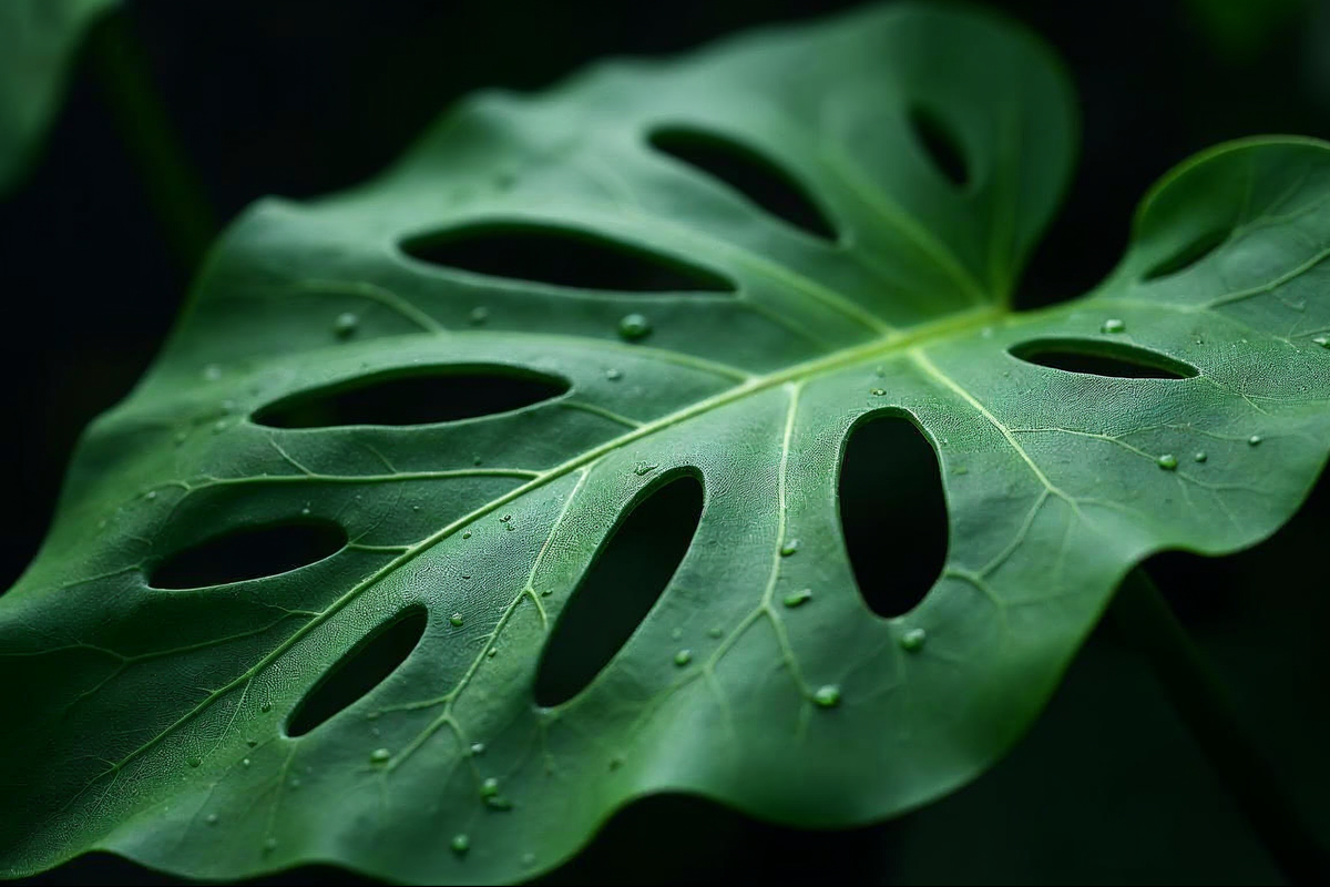 Close-up of a monstera leaf showing fenestrations and split patterns