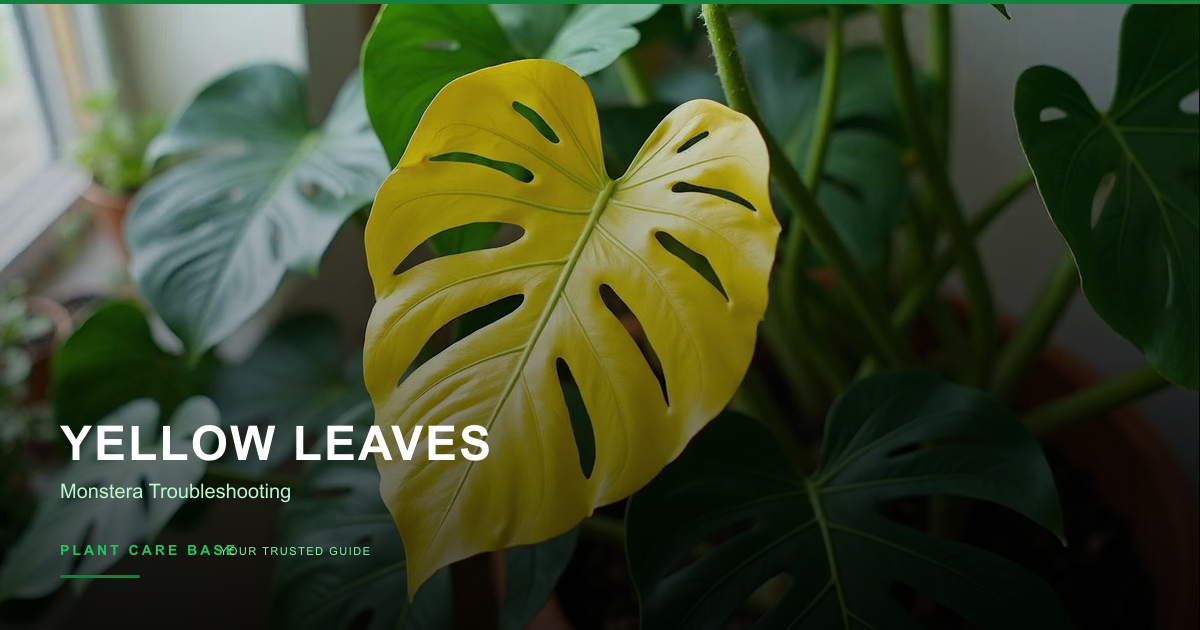 A monstera plant with one green healthy leaf and one yellowing leaf showing common signs of stress