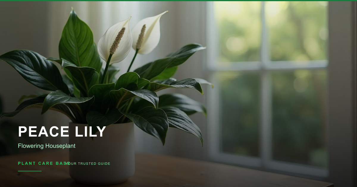 A peace lily with glossy dark green leaves and a single white spathe flower in a decorative pot