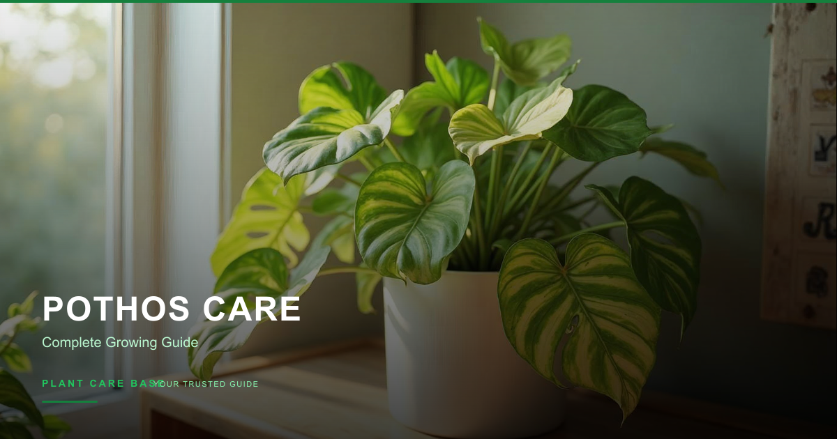 A healthy golden pothos plant with cascading green and yellow variegated leaves in a hanging pot