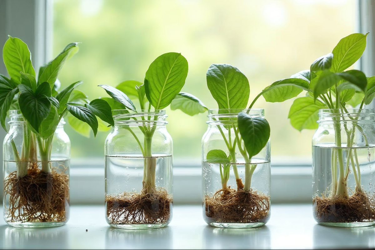 Pothos propagation in water showing roots growing from cut stems