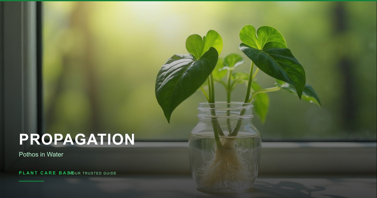 A pothos cutting with roots growing in a clear glass of water showing the node and new root development
