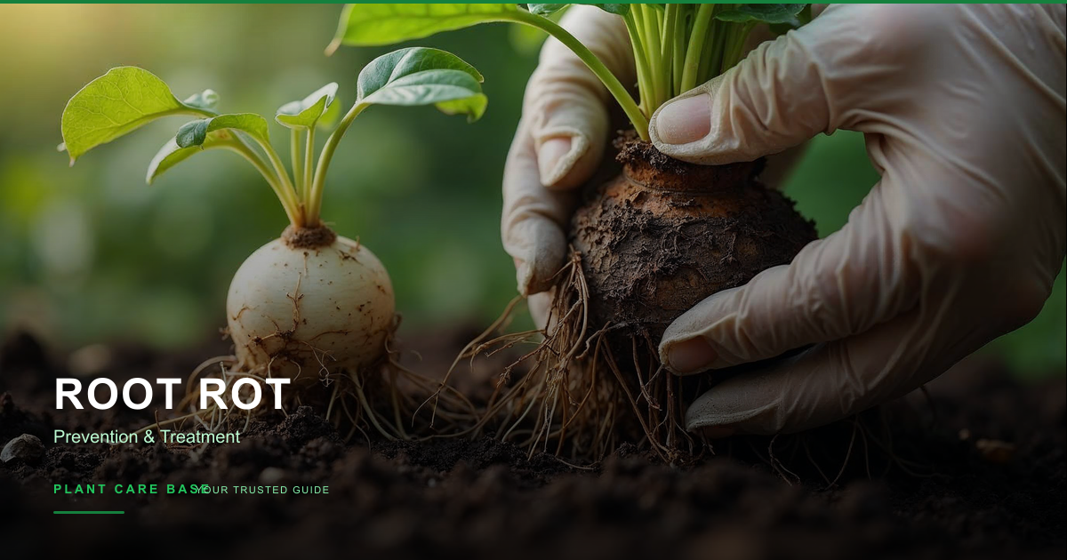 Cross-section illustration showing healthy white roots versus brown mushy roots affected by root rot