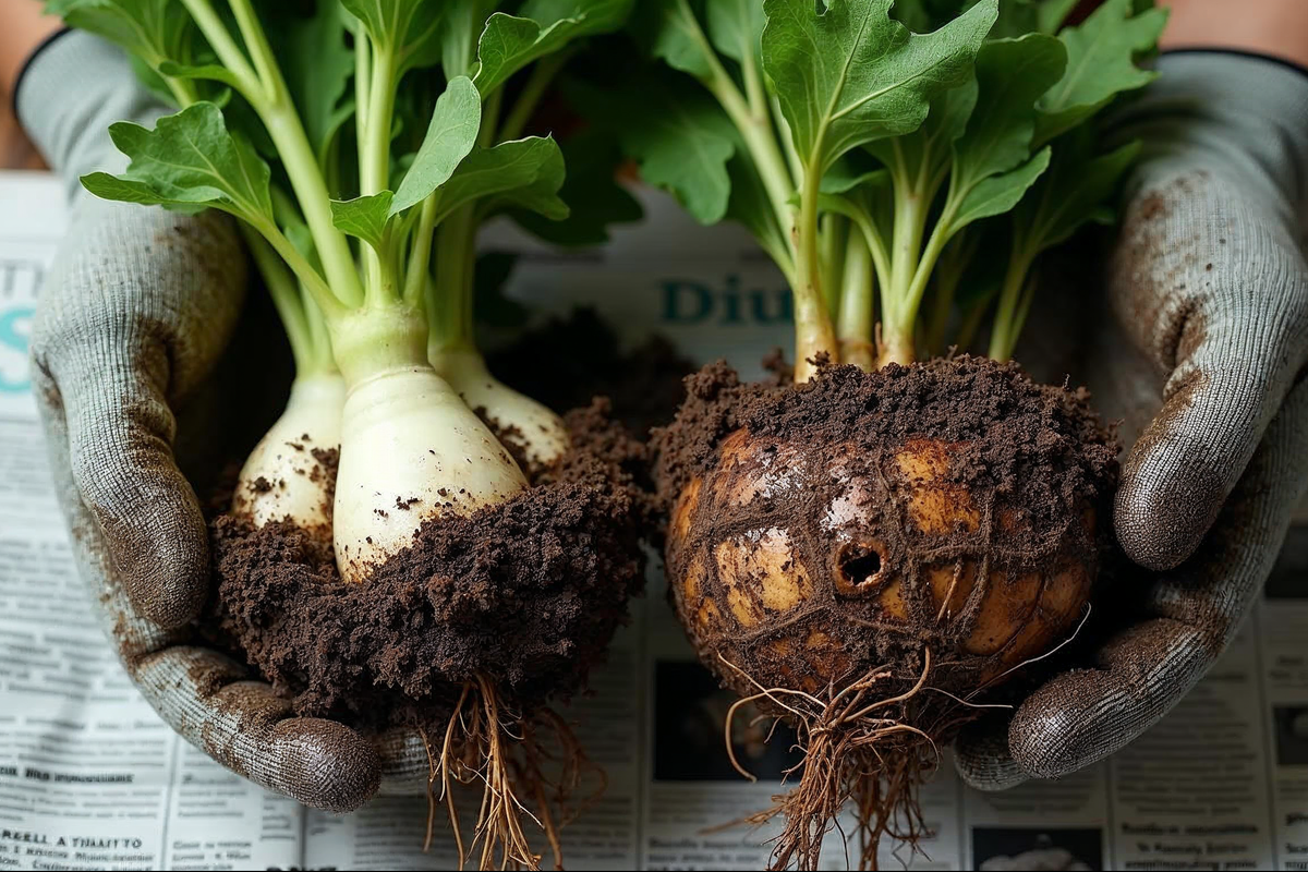 Healthy white plant roots compared to brown mushy roots with root rot