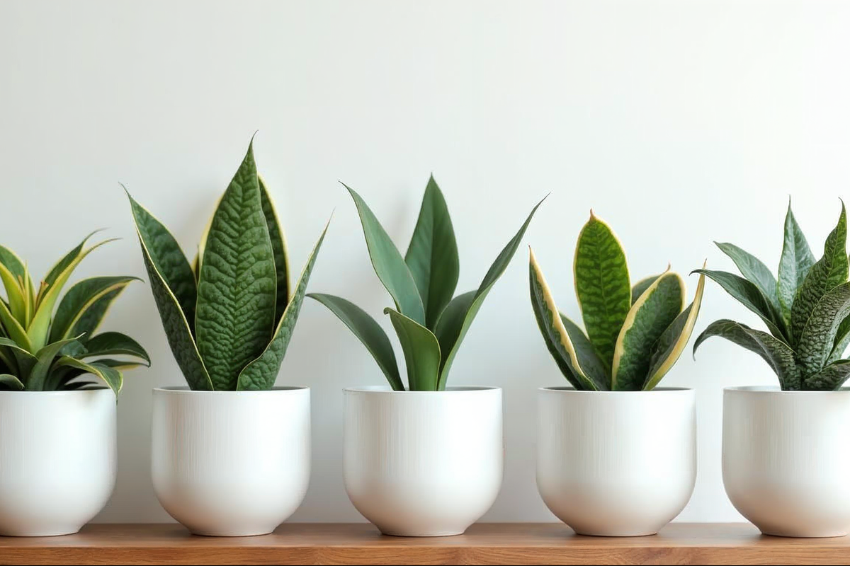 Different snake plant varieties showing Laurentii, Moonshine, Cylindrica, Whale Fin, and Bird's Nest types