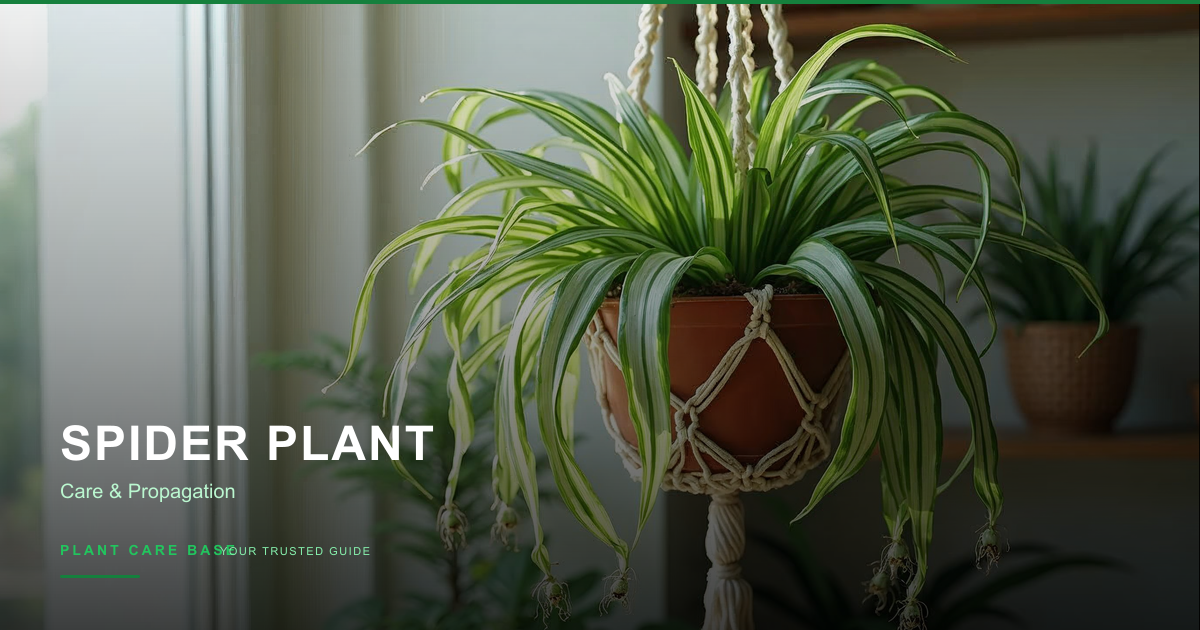 A healthy spider plant with long arching leaves and baby plantlets hanging from its runners